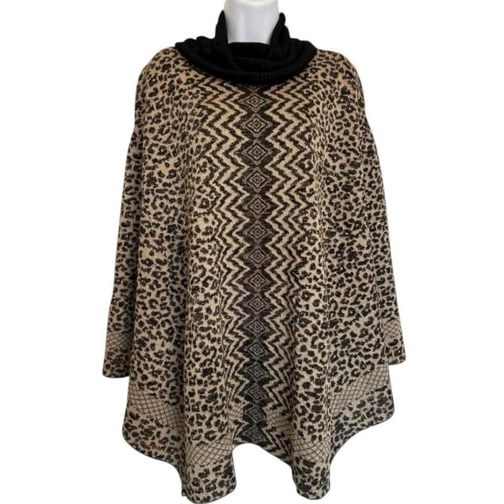 Preppy Mobwife Y2K Focus 2000 Leopard & Tribal Print Turtleneck Pullover Poncho